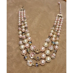 Vintage Japan Pink Art Glass Bead Necklace 3-Strand Floral Clasp 1950s MCM